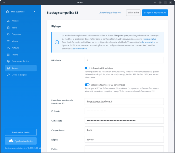 Interface de configuration de S3 dans Publii