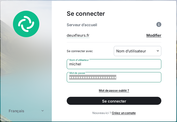 Formulaire de connexion du client web Element rempli pour un usager de Deuxfleurs